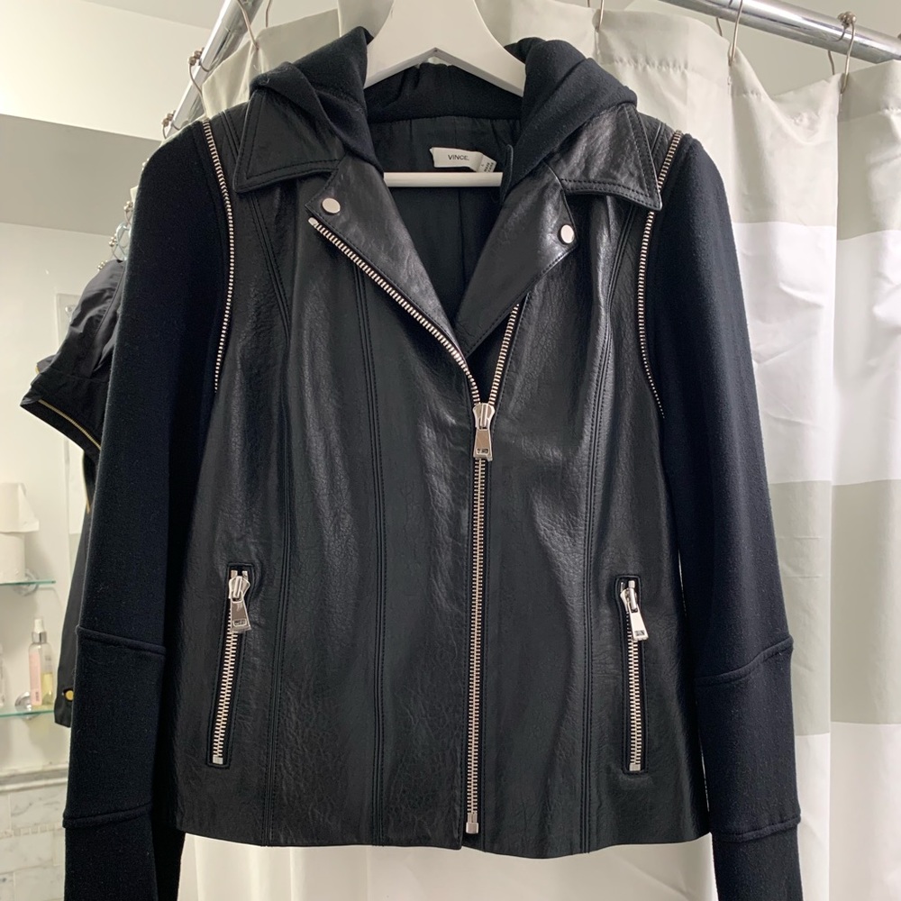 Vince Black Leather & Knit Hooded Moto Jacket with Silver Hardware